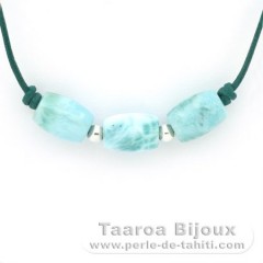 Leather Necklace and 3 Larimar - 12 x 8.6 mm - 4.3 gr