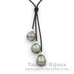 Leather Necklace and 3 Tahitian Pearls Ringed BC 12 to 11.5 mm