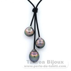 Leather Necklace and 3 Tahitian Pearls Ringed BC 11 to 11.4 mm