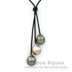 Leather Necklace and 3 Tahitian Pearls Ringed C 11.5 to 11.9 mm