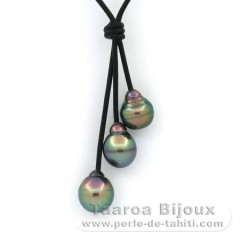 Leather Necklace and 3 Tahitian Pearls Ringed B 10 to 10.5 mm