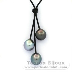 Leather Necklace and 3 Tahitian Pearls Semi-Baroque C from 11.5 to 11.6 mm
