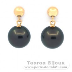 18K solid Gold Earrings and 2 Tahitian Pearls Round A 8.8 mm