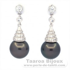 Rhodiated Sterling Silver Earrings and 2 Tahitian Pearls Round BC 9.5 mm