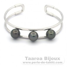 Rhodiated Sterling Silver Bracelet and 3 Tahitian Pearls Round C 9.1 to 9.2 mm