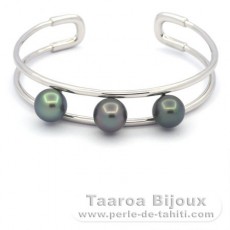 Rhodiated Sterling Silver Bracelet and 3 Tahitian Pearls Semi-Round B 8.9 to 9.1 mm