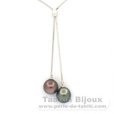 Rhodiated Sterling Silver Necklace and 2 Tahitian Pearls Semi-Baroque B 8.7 mm