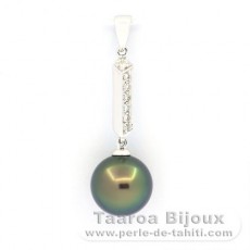 14K Solid White Gold + 7 diamonds and 1 Tahitian Pearl Round B 10.1 mm