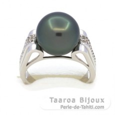 Rhodiated Sterling Silver Ring and 1 Tahitian Pearl Round C 11.8 mm