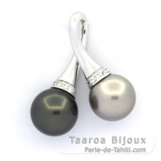 Rhodiated Sterling Silver Pendant and 2 Tahitian Pearls Round C 10 mm