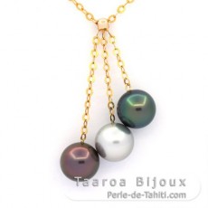18K solid Gold Necklace and 3 Tahitian Pearls Round B+ 9.1 mm