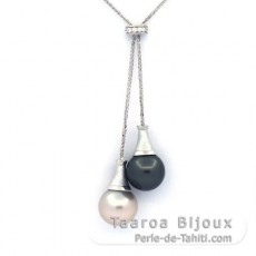 Rhodiated Sterling Silver Necklace and 2 Tahitian Pearls Round C 12.9 mm