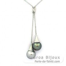 Rhodiated Sterling Silver Necklace and 2 Tahitian Pearls Semi-Baroque C 12.5 mm