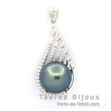 Rhodiated Sterling Silver Pendant and 1 Tahitian Pearl Round C 12.5 mm