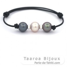Leather Bracelet and 3 Tahitian Pearls Round C 10 mm