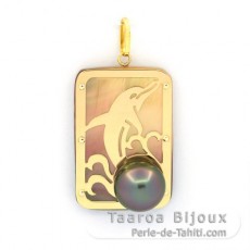 18K Gold + Mother-of-Pearl Pendant and 1 half Tahitian Pearl - Dimensions = 28 x 19 mm - Dolphin