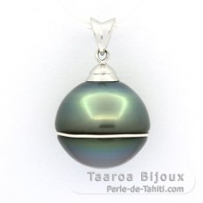 Rhodiated Sterling Silver Pendant and 1 Tahitian Pearl Ringed B 15.3 mm