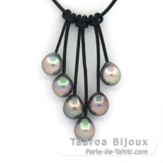 Leather Necklace and 6 Tahitian Pearls Semi-Baroque BC from 8.7 to 8.8 mm