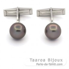 Rhodiated Sterling Silver Cufflinks and 2 Tahitian Pearls Round C 10.7 mm