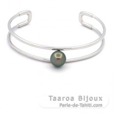 Rhodiated Sterling Silver Bracelet and 1 Tahitian Pearl Round B/C 9.6 mm