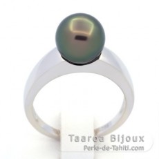 Rhodiated Sterling Silver Ring and 1 Tahitian Pearl Round B 8.6 mm