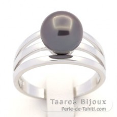 Rhodiated Sterling Silver Ring and 1 Tahitian Pearl Round C 9 mm
