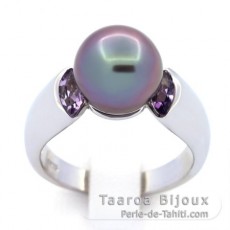 Rhodiated Sterling Silver Ring and 1 Tahitian Pearl Round B+ 9.8 mm