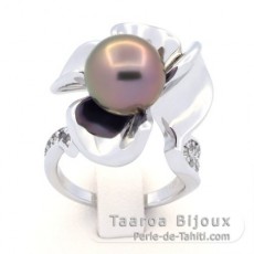 Rhodiated Sterling Silver Ring and 1 Tahitian Pearl Round B/C 10 mm