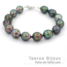 Bracelet with 14 Tahitian Pearls Ringed B+ 9 to 9.9 mm and Rhodiated Sterling Silver