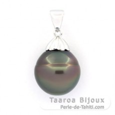 Rhodiated Sterling Silver Pendant and 1 Tahitian Pearl Ringed B 13.8 mm