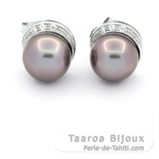 Rhodiated Sterling Silver Earrings and 2 Tahitian Pearls Near Rounds C 9.1 mm