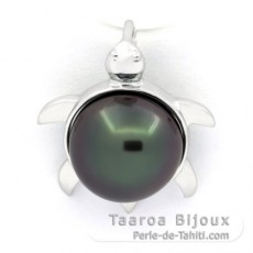 Rhodiated Sterling Silver Pendant and 1 Tahitian Pearl Round B/C 9.5 mm