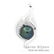 Rhodiated Sterling Silver Pendant and 1 Tahitian Pearl Near-Round B 10.2 mm