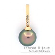 14K Solid Gold Pendant + 4 Diamonds and 1 Tahitian Pearl Round B 11.5 mm