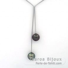 Rhodiated Sterling Silver Necklace and 2 Tahitian Pearls Round C 12.4 and 12.6 mm