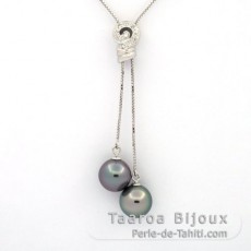 Rhodiated Sterling Silver Necklace and 2 Tahitian Pearls Near-Round B/C 10.5 and 10.6 mm