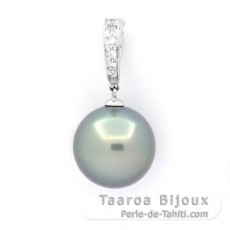 Rhodiated Sterling Silver Pendant and 1 Tahitian Pearl Round C 13.3 mm