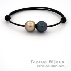 Leather Bracelet and 2 Tahitian Pearls Semi-Baroque C 11.6 mm