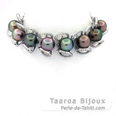 Rhodiated Sterling Silver Bracelet and 8 Tahitian Pearls Semi-Baroque C+ from 9.5 to 10 mm