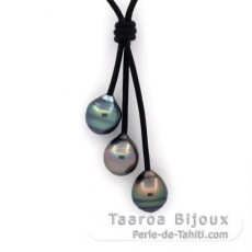 Leather Necklace and 3 Tahitian Pearls Ringed C from 10.8 to 10.9 mm