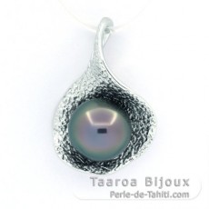 Rhodiated Sterling Silver Pendant and 1 Tahitian Pearl Semi-Baroque C 9.6 mm
