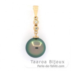 14K Solid Gold Pendant + 2 Diamonds and 1 Tahitian Pearl Round A 9.5 mm