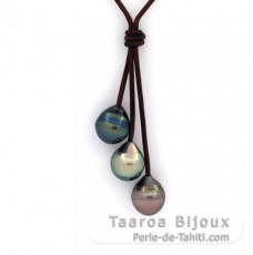 Leather Necklace and 3 Tahitian Pearls Ringed C de 11.2 mm