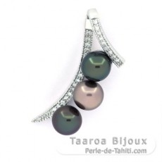 Rhodiated Sterling Silver Pendant and 3 Tahitian Pearls Round C from 8 to 8.2 mm