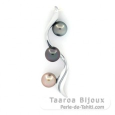 Rhodiated Sterling Silver Pendant and 3 Tahitian Pearls Round C from 8.2 to 8.4 mm