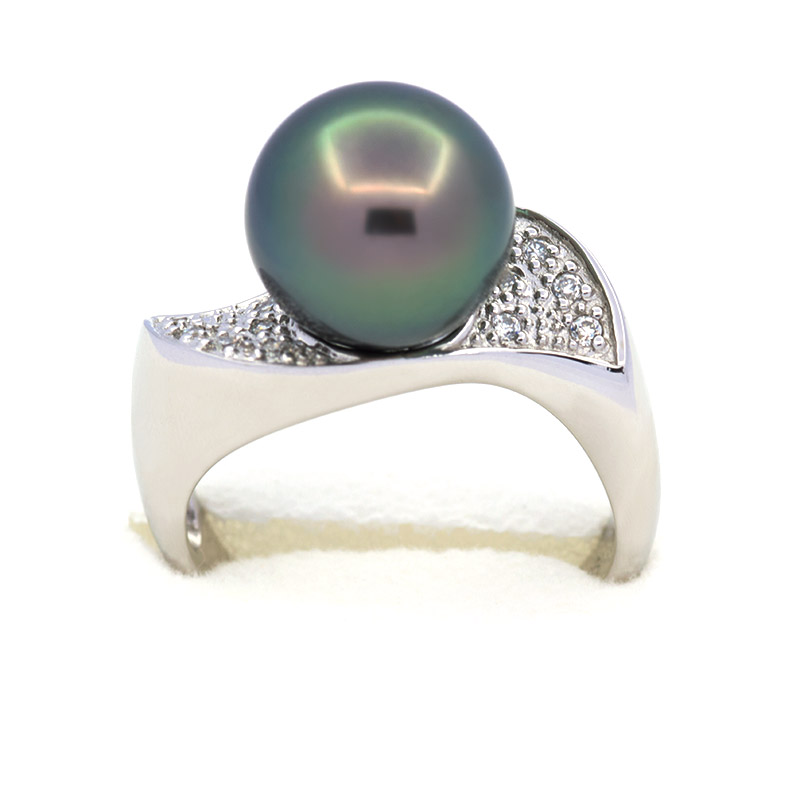 Rhodiated Sterling Silver Ring and 1 Tahitian Pearl Round B 10.1 mm