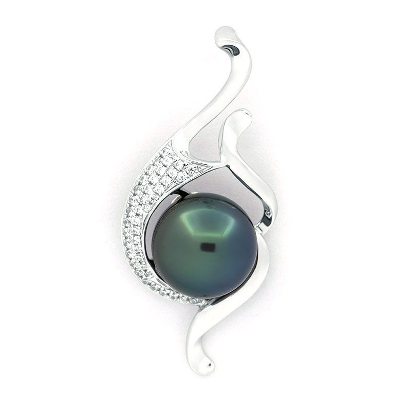 Rhodiated Sterling Silver Pendant and 1 Tahitian Pearl Near-Round B 10.2 mm