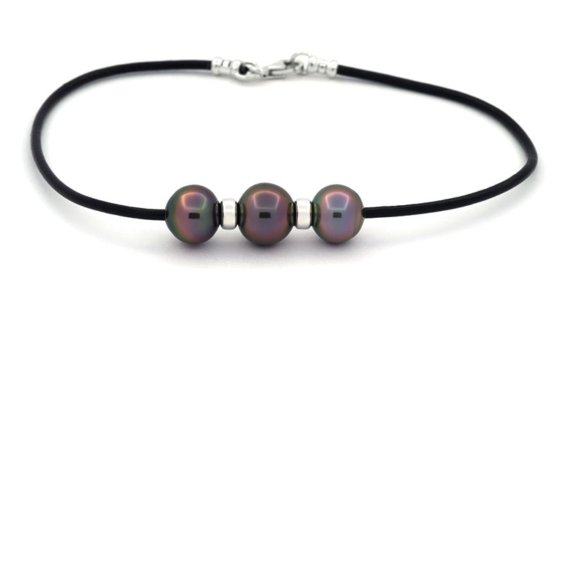Rubber, Sterling Silver Bracelet and 3 Tahitian Pearls Semi-Baroque B from 9.5 to 10 mm