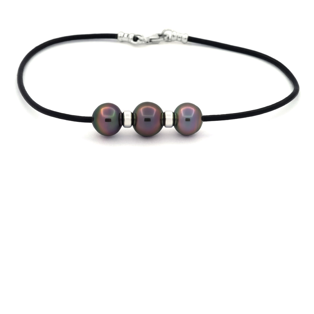 Rubber, Sterling Silver Bracelet and 3 Tahitian Pearls Semi-Baroque B from 9.5 to 10 mm