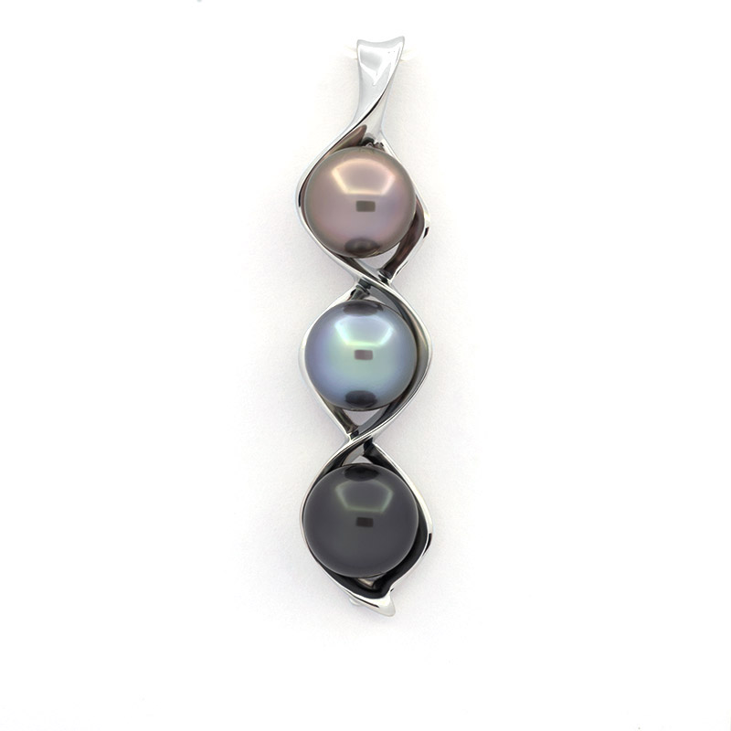 Rhodiated Sterling Silver Pendant and 3 Tahitian Pearls Semi-Baroque B from 10.1 to 10.3 mm